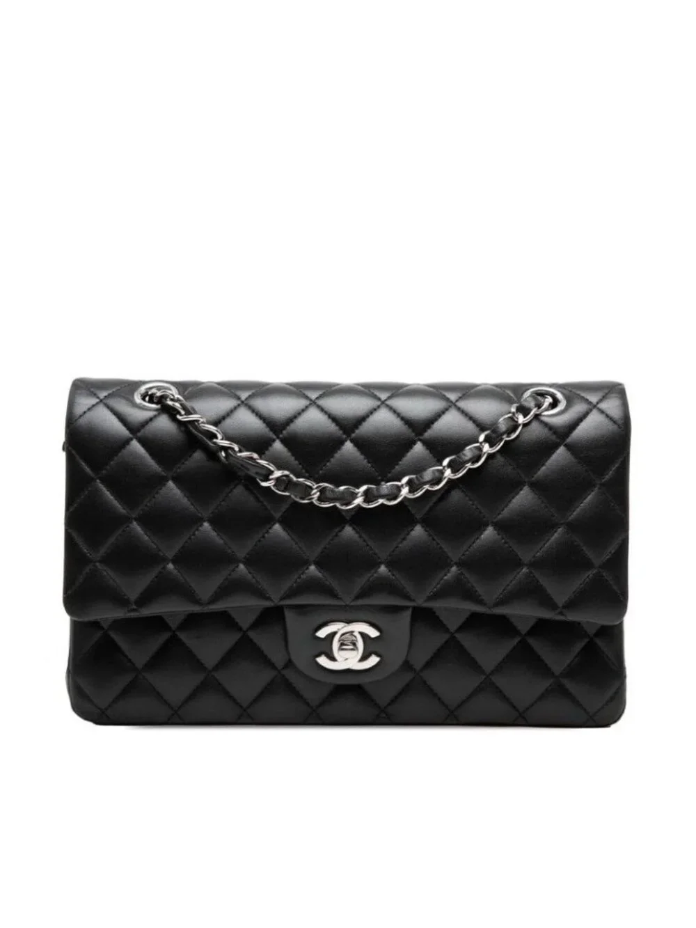 Chanel CC Logo Quilted Double Flap Chain Shoulder Bag Black Silver Lambskin